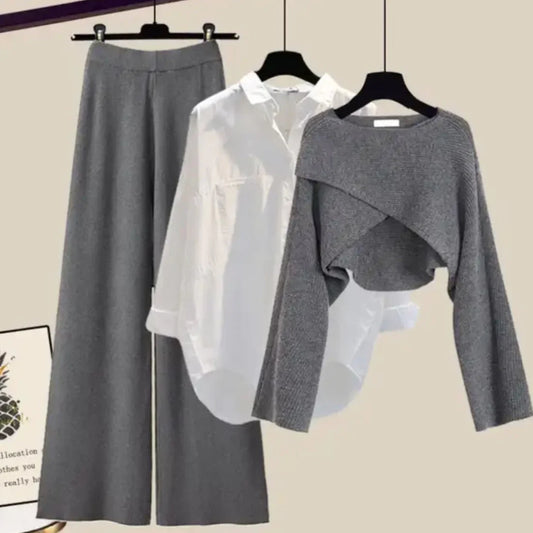 2-piece grey ladies set - stylish cropped sweater and wide-leg trousers