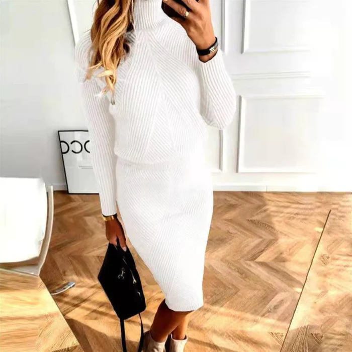 2-piece knitted co-ord set - stylish ladies turtleneck top and midi skirt