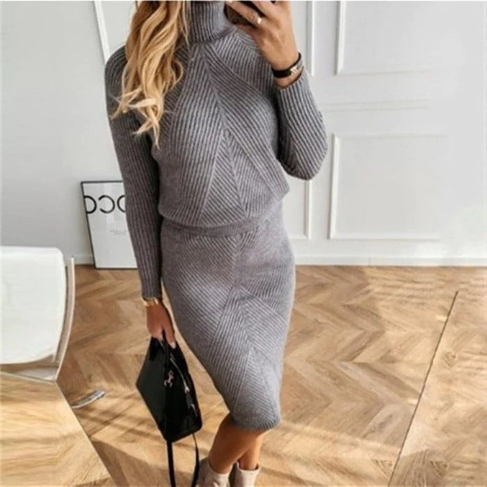 2-piece knitted co-ord set - stylish ladies turtleneck top and midi skirt
