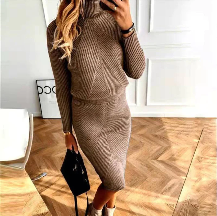 2-piece knitted co-ord set - stylish ladies turtleneck top and midi skirt