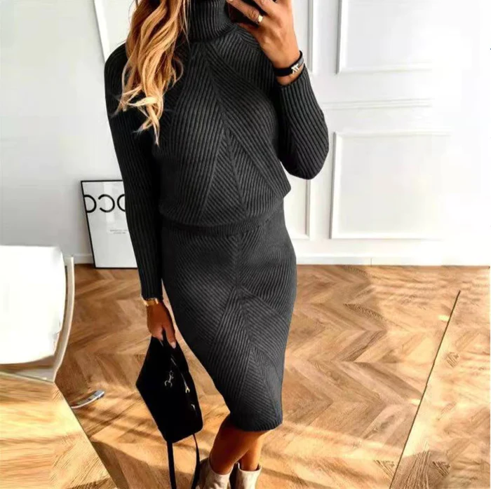 2-piece knitted co-ord set - stylish ladies turtleneck top and midi skirt