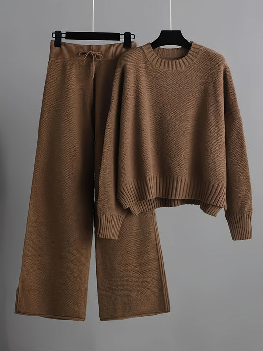 2-piece knitted lounge set - stylish ladies oversized sweater and wide-leg trousers