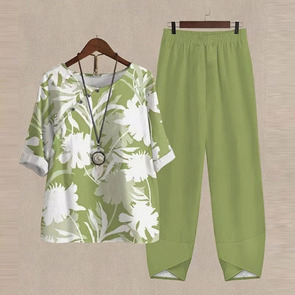 2-Piece Ladies Butterfly Print Top And Trousers Set - Casual Loungewear