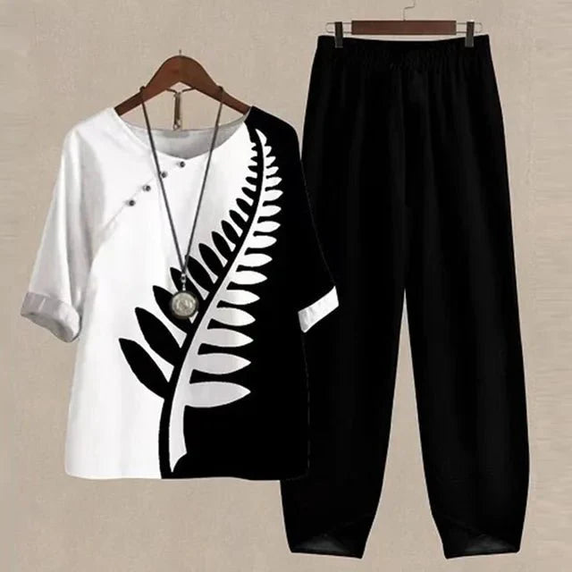 2-Piece Ladies Butterfly Print Top And Trousers Set - Casual Loungewear