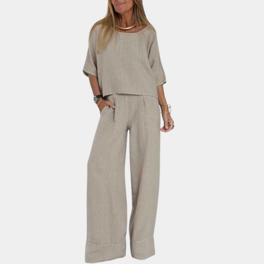 2-Piece Linen Co-Ord Set - Stylish Ladies Top And Wide-Leg Trousers