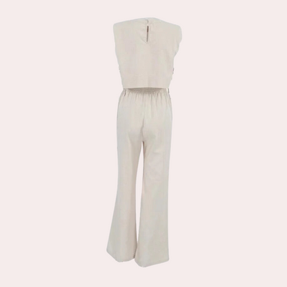 2-Piece Linen Co-Ord Set - Trendy Ladies Cropped Top And Wide-Leg Trousers