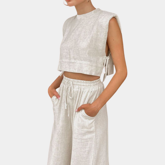 2-Piece Linen Co-Ord Set - Trendy Ladies Cropped Top And Wide-Leg Trousers