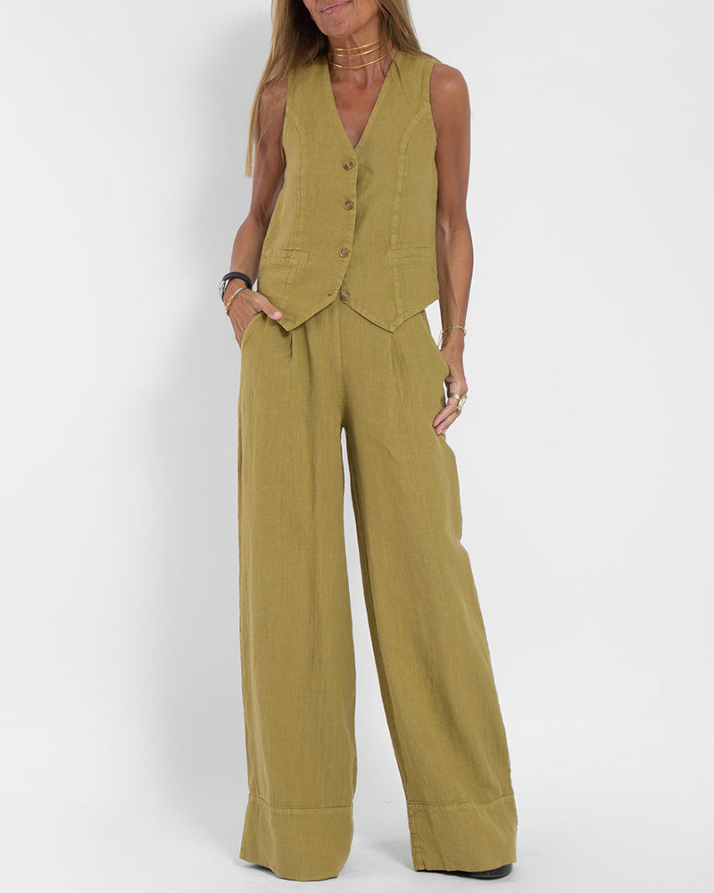 2-Piece Linen Wide Leg Trousers & Vest - Chic Ladies Summer Outfit