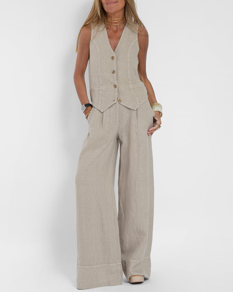 2-Piece Linen Wide Leg Trousers & Vest - Chic Ladies Summer Outfit