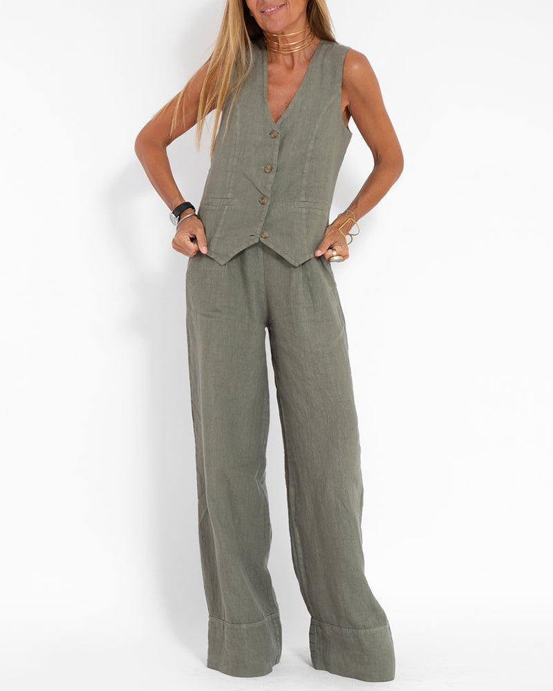 2-Piece Linen Wide Leg Trousers & Vest - Chic Ladies Summer Outfit