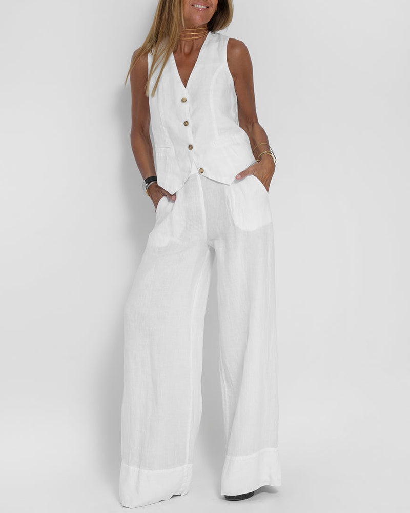2-Piece Linen Wide Leg Trousers & Vest - Chic Ladies Summer Outfit