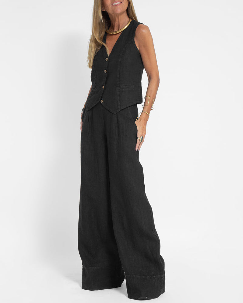 2-Piece Linen Wide Leg Trousers & Vest - Chic Ladies Summer Outfit