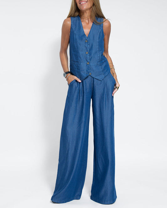 2-Piece Linen Wide Leg Trousers & Vest - Chic Ladies Summer Outfit