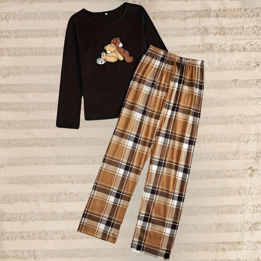 2-Piece Lounge Set - Black Ladies Crew Neck Top And Checked Trousers