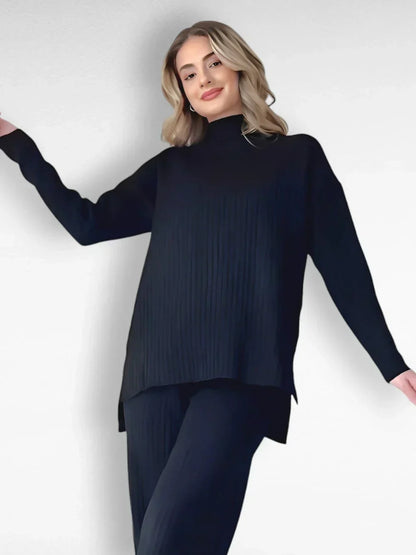 2-piece lounge set - stylish ladies ribbed knit top and trousers