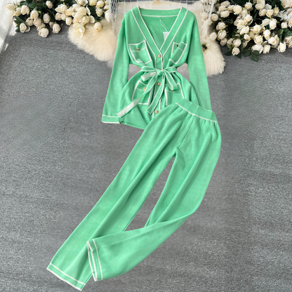 2-Piece Lounge Set - Trendy Ladies Knit Cardigan And Trousers