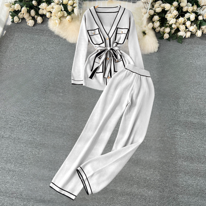 2-Piece Lounge Set - Trendy Ladies Knit Cardigan And Trousers