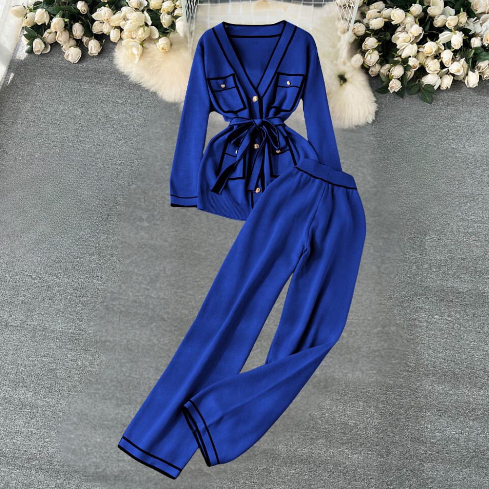 2-Piece Lounge Set - Trendy Ladies Knit Cardigan And Trousers