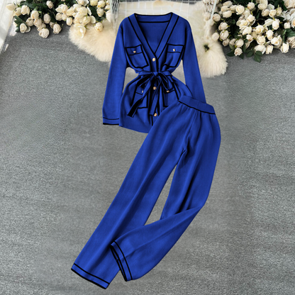 2-Piece Lounge Set - Trendy Ladies Knit Cardigan And Trousers