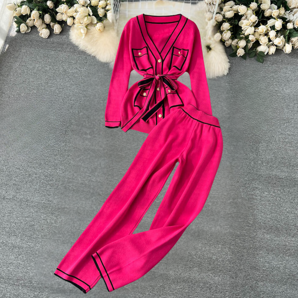 2-Piece Lounge Set - Trendy Ladies Knit Cardigan And Trousers
