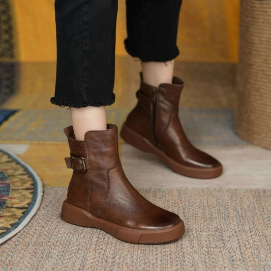 Ankle Boots - Stylish Brown Ladies Leather Ankle Boots With Buckle Detail