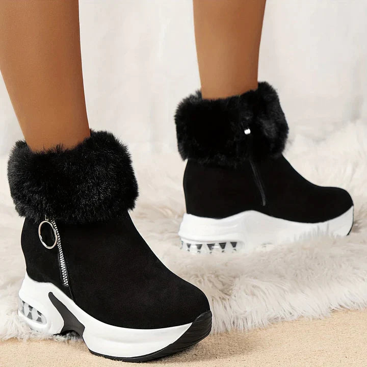 Ankle boots with faux fur - stylish ladies wedge heeled boots