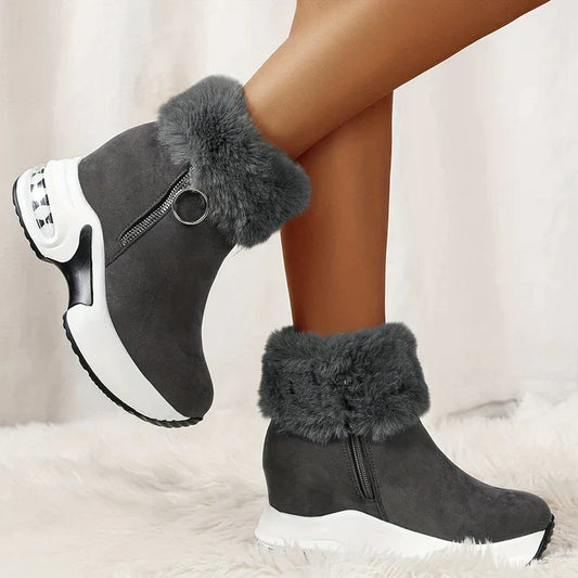 Ankle boots with faux fur - stylish ladies wedge heeled boots