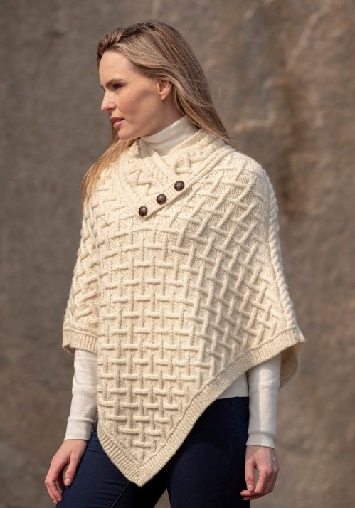 Aran Super Soft Merino Wool Poncho - Elegant Natural Ladies Knitwear