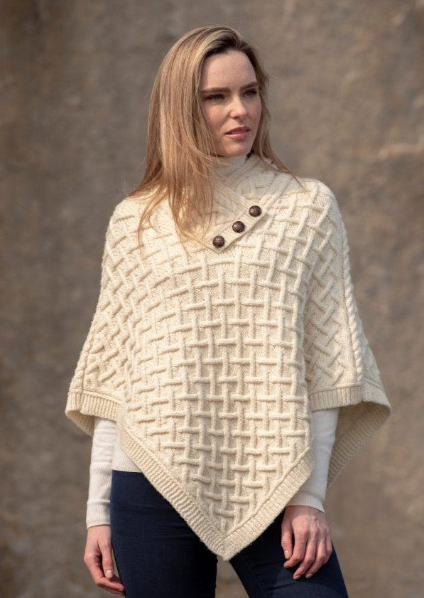 Aran Super Soft Merino Wool Poncho - Elegant Natural Ladies Knitwear