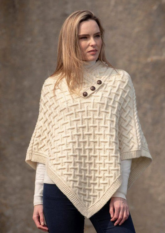 Aran Super Soft Merino Wool Poncho - Elegant Natural Ladies Knitwear