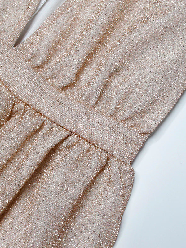 Beige evening dress - elegant shimmer ladies maxi dress