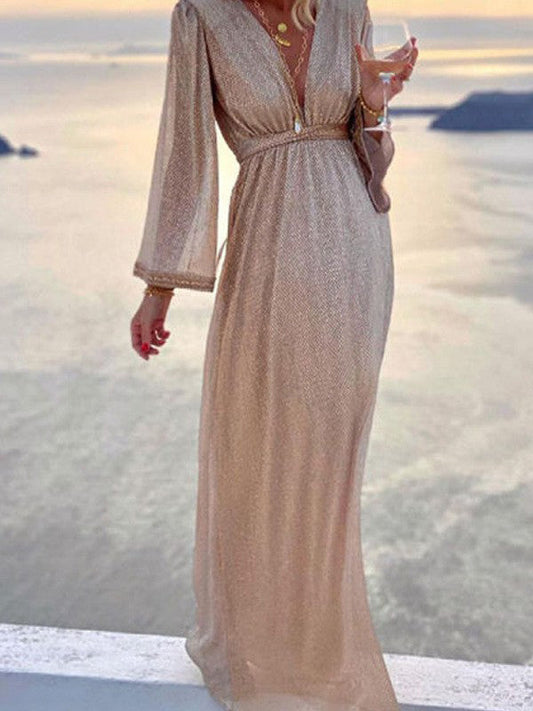 Beige evening dress - elegant shimmer ladies maxi dress