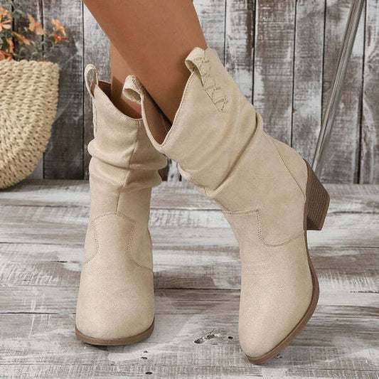 Beige slouch ankle boots - trendy ladies heeled footwear