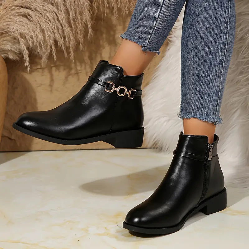 Black ankle boots - stylish ladies chunky heel with zip detail