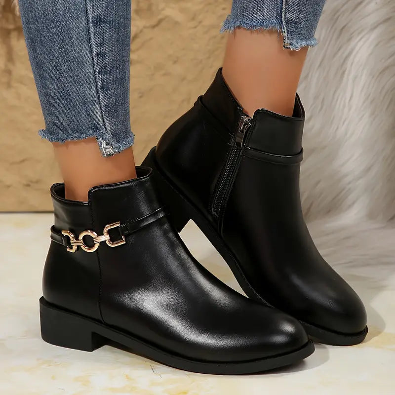 Black ankle boots - stylish ladies chunky heel with zip detail