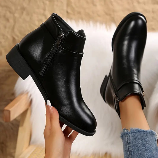 Black ankle boots - stylish ladies chunky heel with zip detail