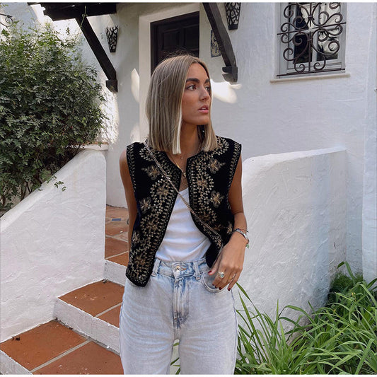 Black Embroidered Waistcoat - Elegant Ladies Sleeveless Jacket