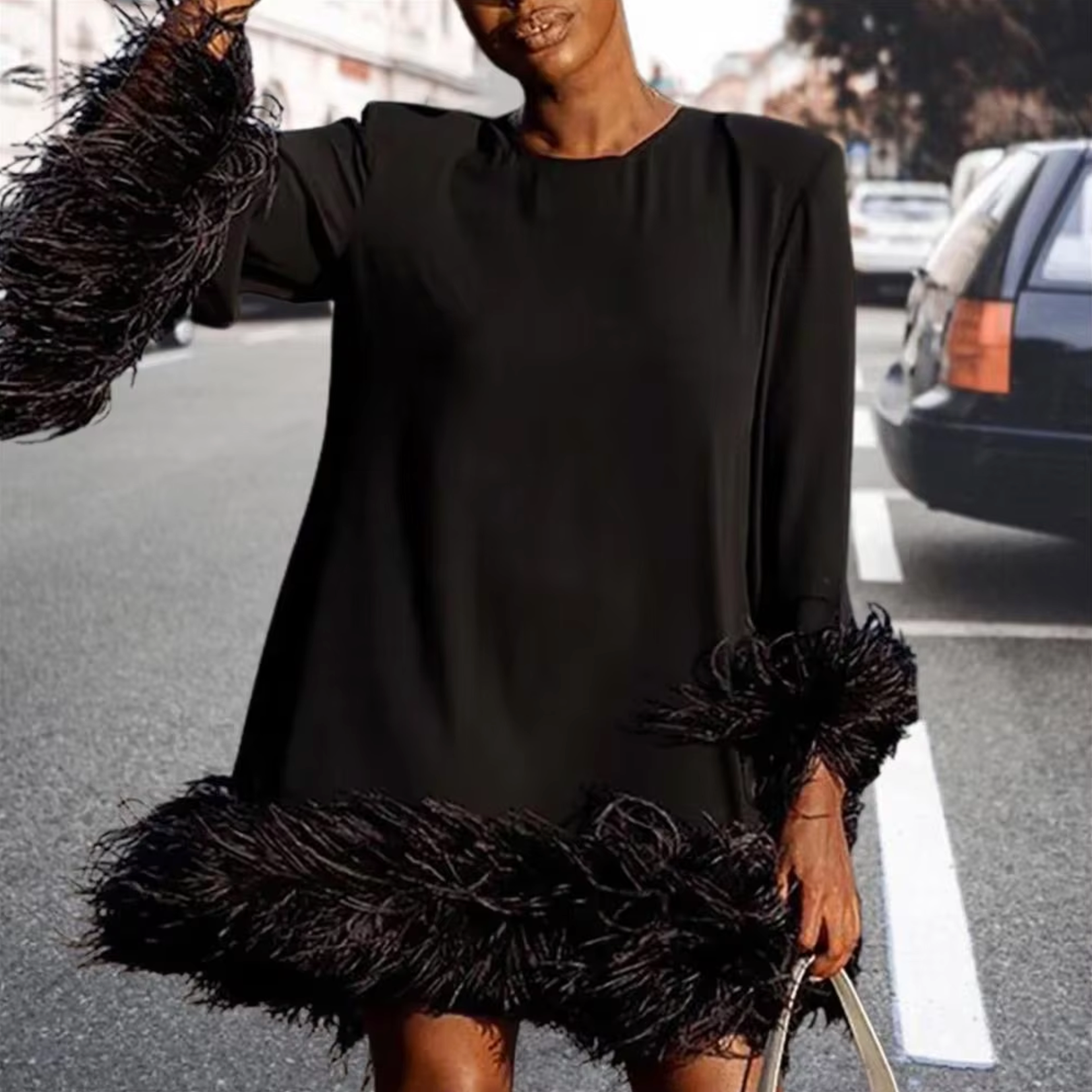 Black Feather Trim Dress - Elegant Women'S Cocktail Attire