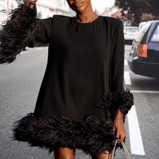 Black Feather Trim Dress - Elegant Women'S Cocktail Attire