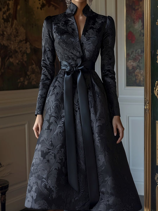 Black Jacquard Dress - Elegant Floral Design With Belted Waist For Ladies