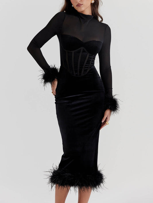 Black Velvet Midi Dress - Chic Ladies Dress With Feather Details