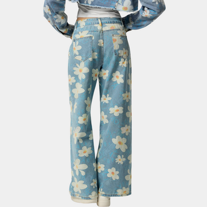 Blue Denim Ladies Trousers - Wide Leg Floral Jeans
