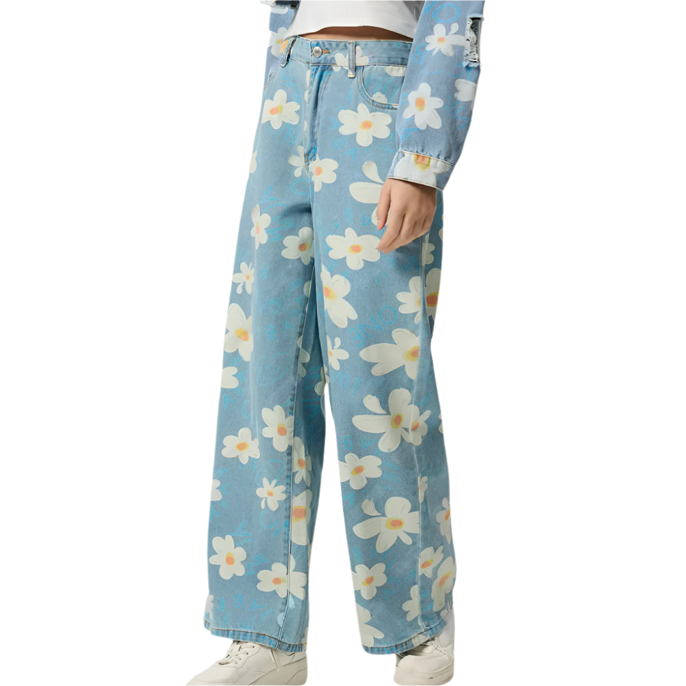 Blue Denim Ladies Trousers - Wide Leg Floral Jeans