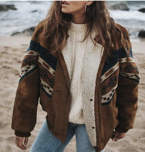 Boho winter jacket - stylish brown ladies coat with tribal design