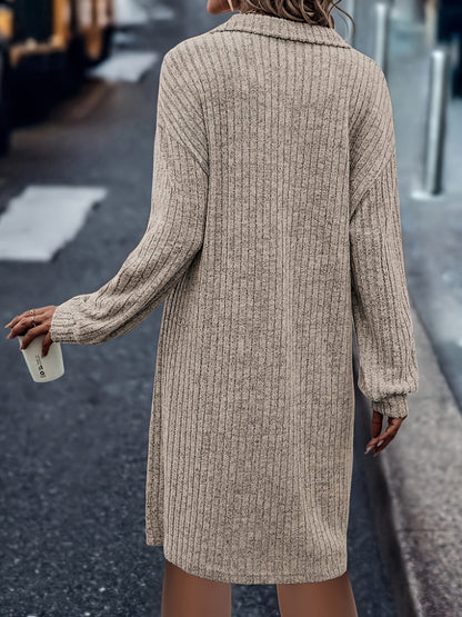 Brown knitted dress - ladies half-zip collar style