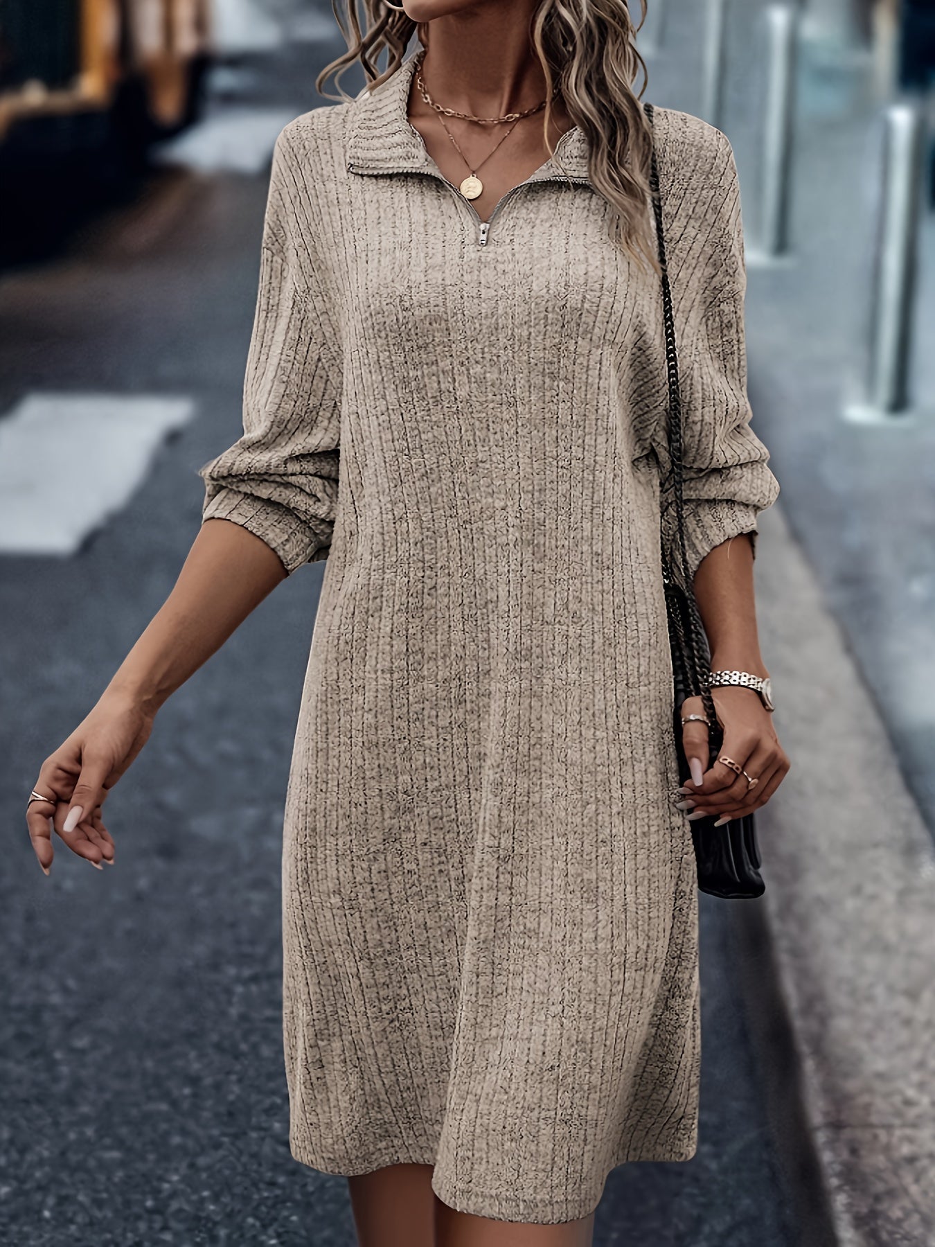 Brown knitted dress - ladies half-zip collar style
