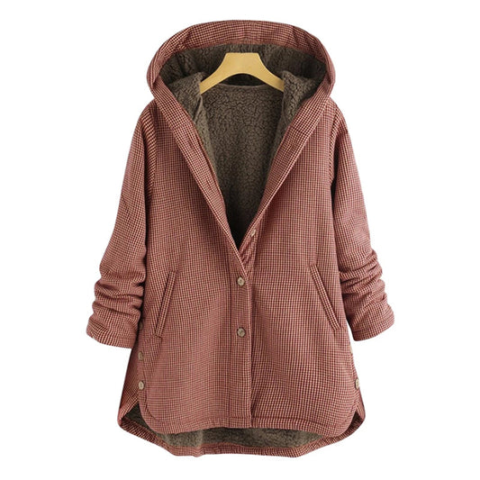 Checked Hooded Coat - Ladies Oversized Fleece-Lined Jacket