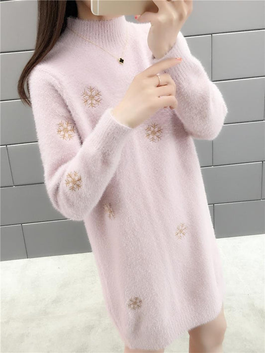 Chic Long Sleeve Ladies Knitted Sweater Dress - With Embroidered Detailing