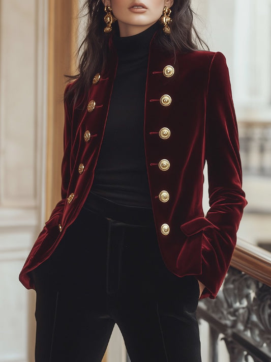 Chic Velvet Jacket - Elegant Tailored Ladies Blazer With Bold Gold Accents