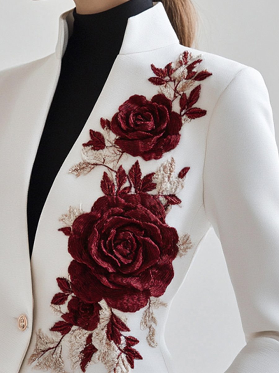 Chic White Blazer With Red Rose Embroidery - Elegant Ladies Jacket